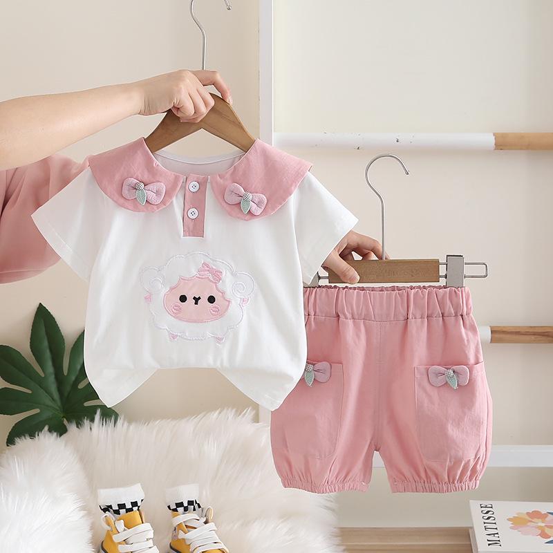 Korean Summer Baby Girl Doll Collar Short Sleeve Outfit Set