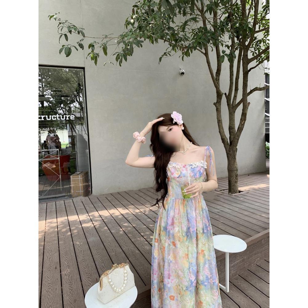 Beautiful suspender dress dress female summer super good-looking beach vacation style casual female smudged floral long skirt