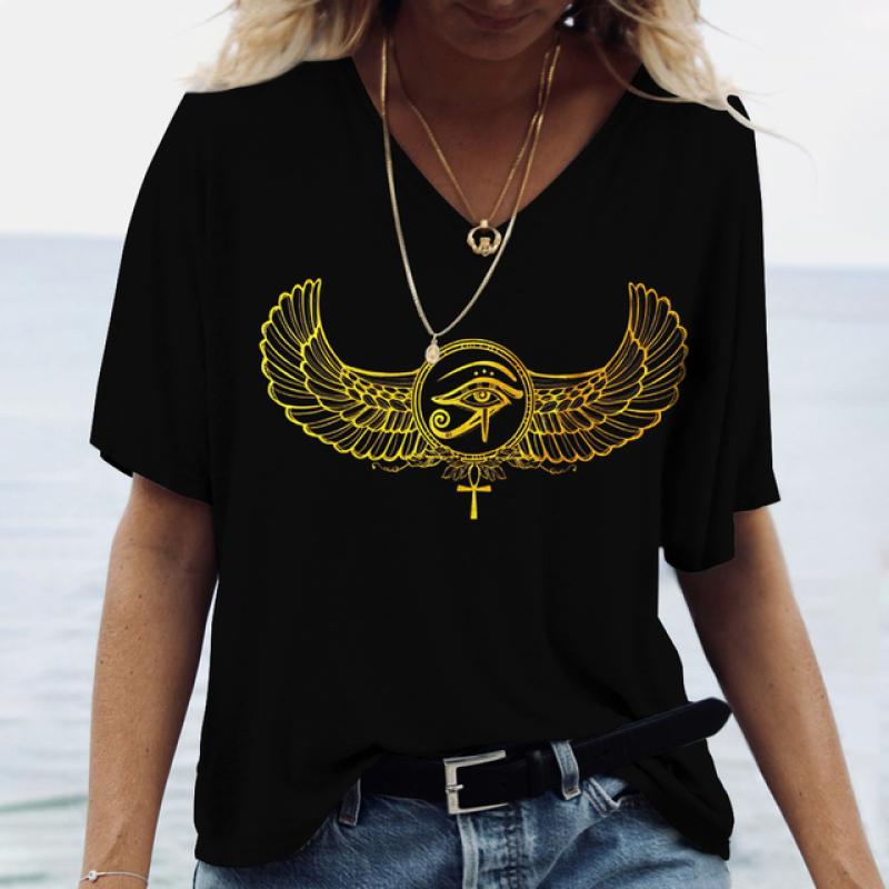 Ancient Egyptian Ethnic Costume 3D Print T-Shirts Women Casual V-Neck Short Sleeve T Shirt Y2K Tees Harajuku Top Female Clothing