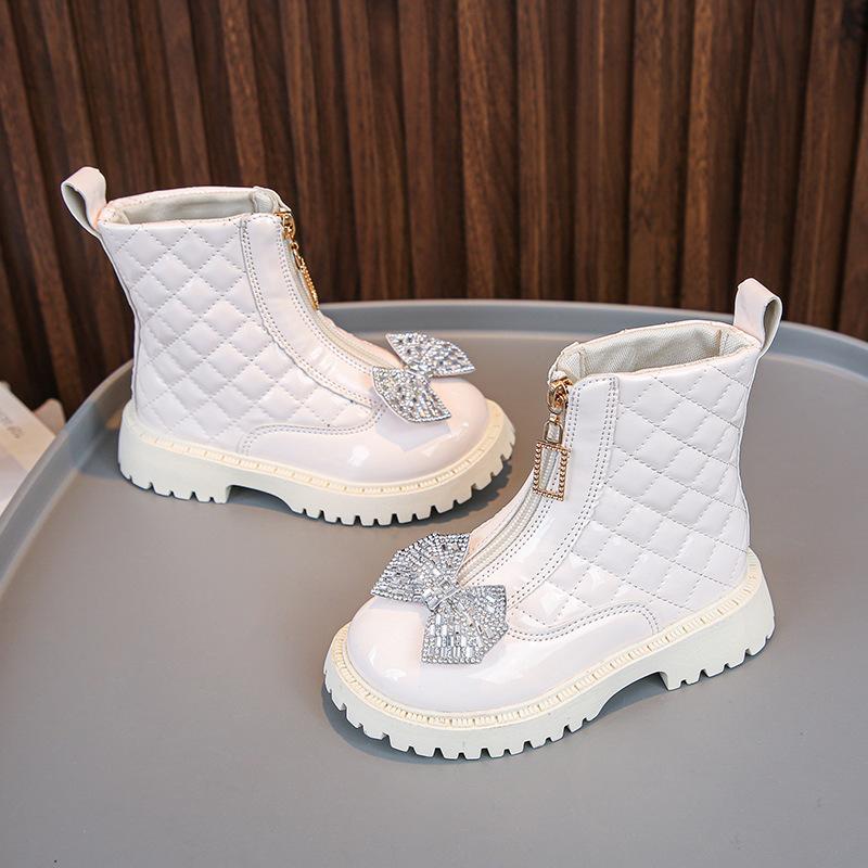 

Children Ankle Boots Autumn Winter Bowknot Rhinestone Girls Soft-sole Non-slip Princess Leather Shoes Kids Short Boots 23 бежевый
