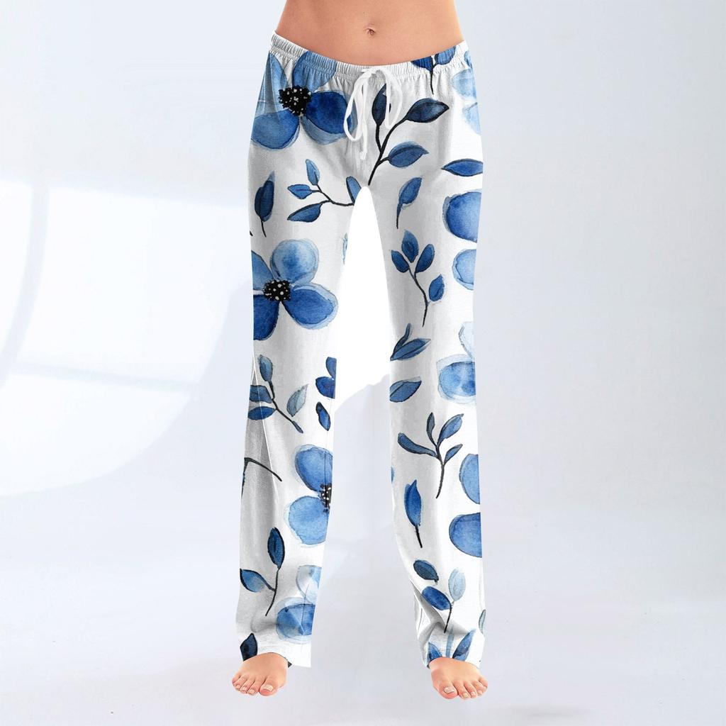 Pantaloni casual largi pentru femei, cu imprimeu cu fundă