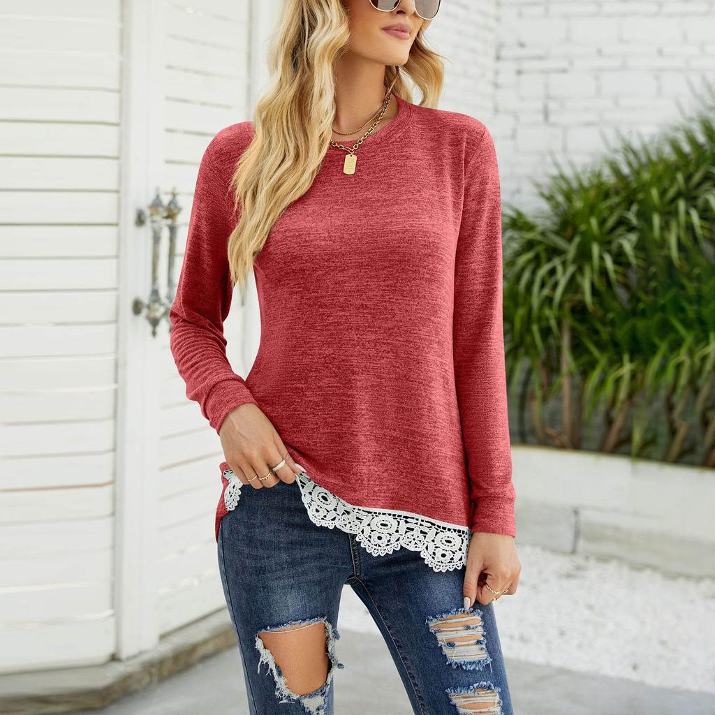 Women's Autumn/winter Fashion Round Neck Loose Casual Pullover Pocket Lace Stitching Top