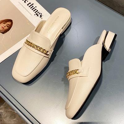 Mode Sommer Zehenbedeckende Slipper Frau Dicke Niedrige Absätze Pantoletten Vollleder Zehensandalen Damen Causal Pantoletten Draußenschuhe Weibliche Sandalen