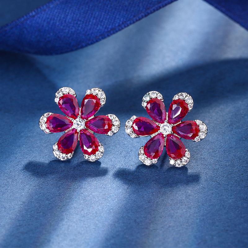 Jewelry Copper Bottom Gold-Plated Simulation Red Corundum Eternal Flower High-End Light Luxury Suit Women