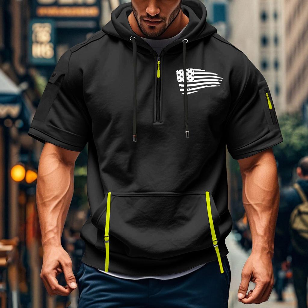 Men's Summer Shirt Print Zipper Pocket Short Sleeve Hooded Sweatshirt Men's Sports Large Size Casual Sweatshirt