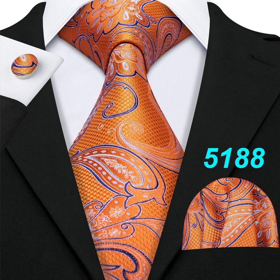 Barry.Wang Mens Tie Set Jacquard Orange Silk Necktie Pocket Square Cufflinks Set