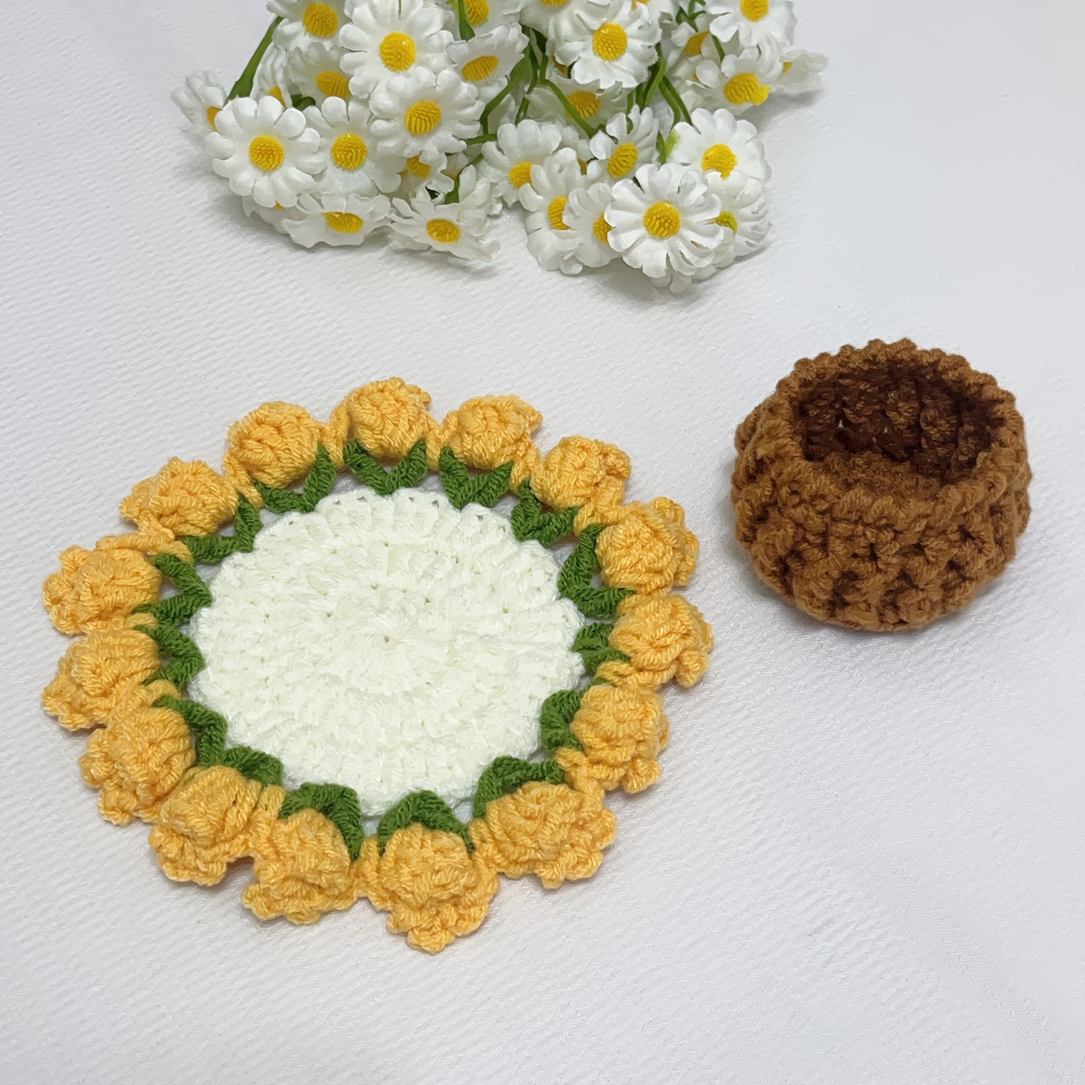 

1Pc Hand-crocheted Tulip bouquet coaster, tulip bouquet coaster with flower basket, thermal insulation mat, tabletop ornaments, home decoration жовтий
