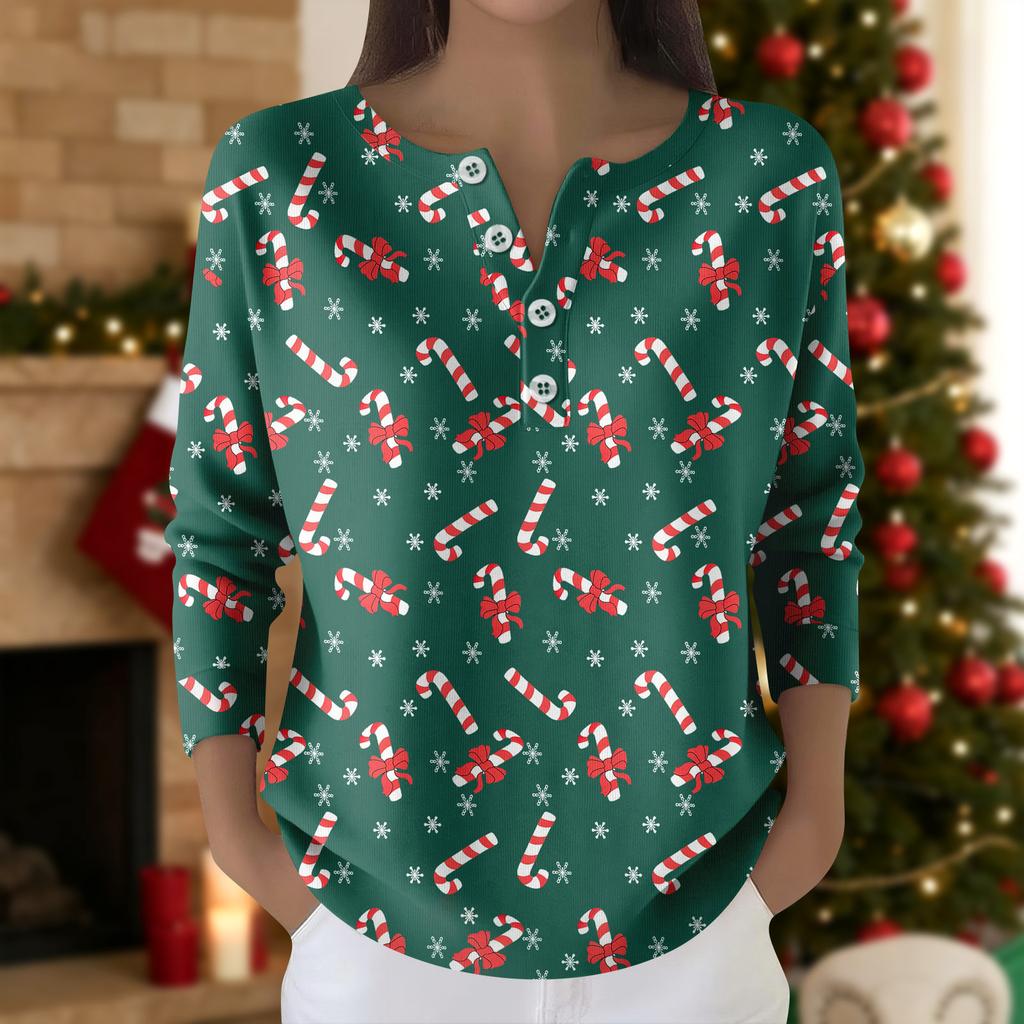 Damska Moda Top z Długim Rękawem z Nadrukiem Świątecznej Śnieżynki Elegancki Casualowy Top