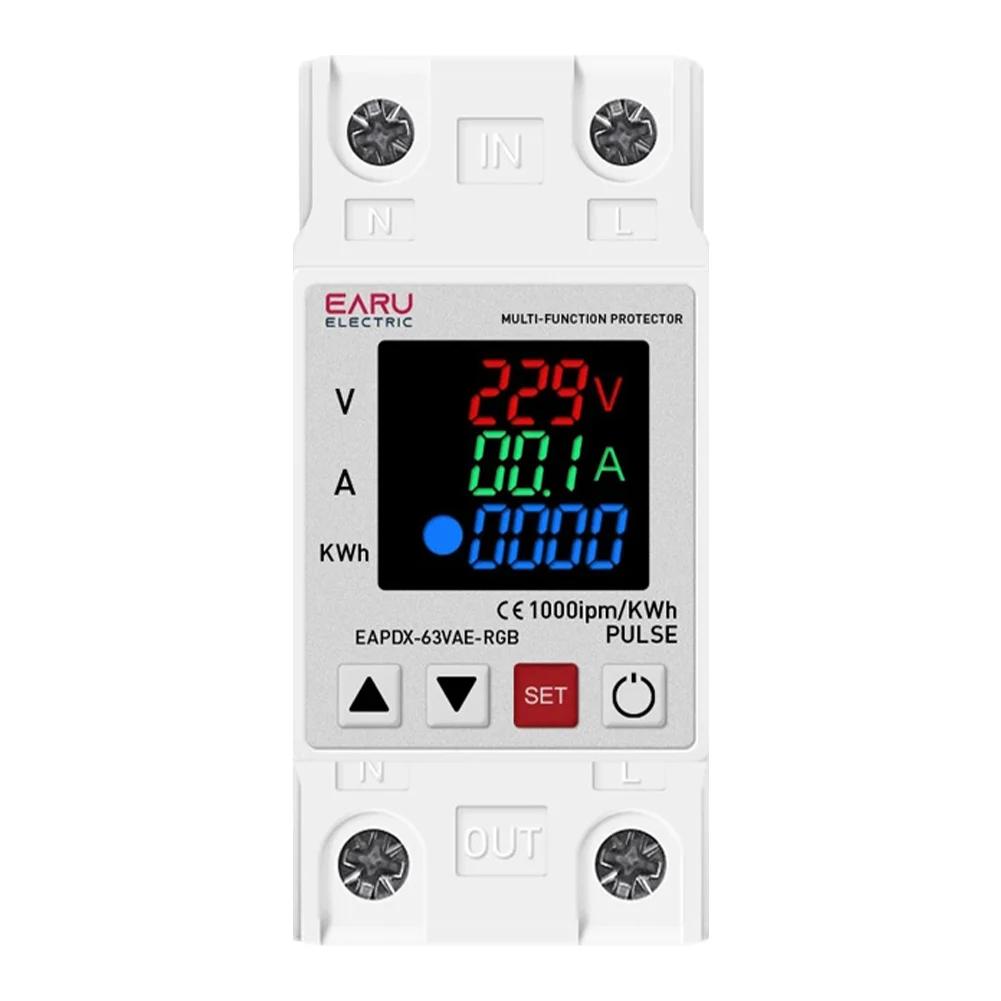 40A 63A 230V RGB Over Under Voltage Protector Relay Device Switch Breaker Din Rail Protector Relay Over Current Protection Limit