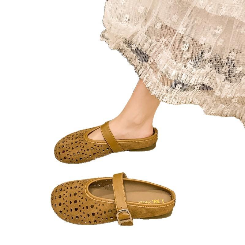 Soft bottom breathable hollow hole shoes fairy style with skirt round head flat bottom one word buckle belt Mary Jane slippers