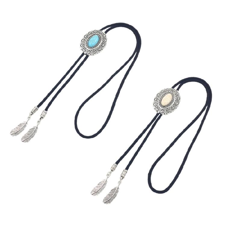 Bolo Tie for Men and Women Western Fashion Accessory with Metal Flower Turquoises Stone Accent Braided Necktie Necklace