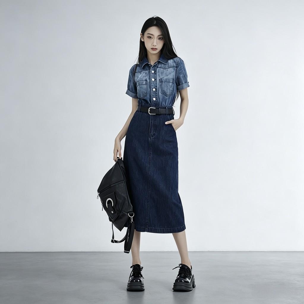 Denim Dress With Gradient Color And Polo Collar For Summer Casuals