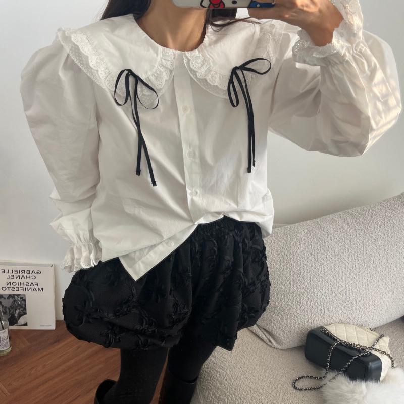 

Korean Chic Bow Lace Trim Doll Collar Shirt - Spring 2026 One Size білий