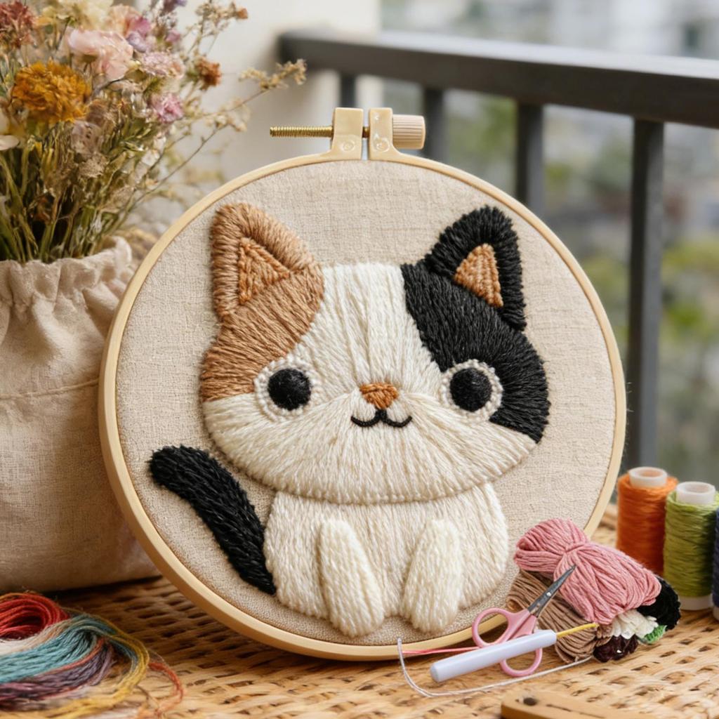 DIY Punch Needle Embroidery Starters Kits For Beginner Cartoon Cute Cat Poking Embroidery Yarn Painting Arts