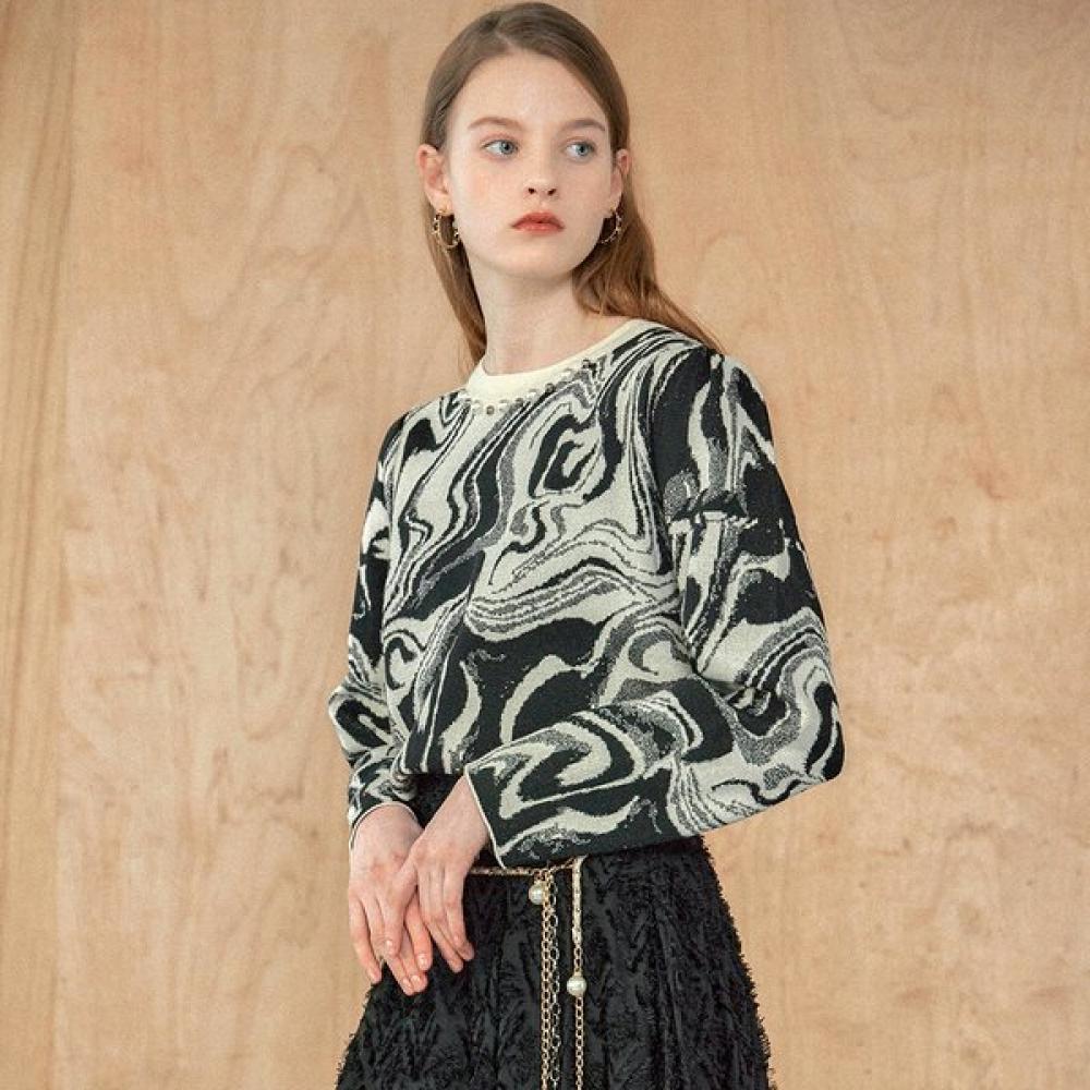 Maxza Marble Pattern Pearl Decoration Round Knit Zb11qk028on Ivory/FREE