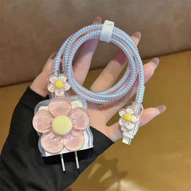 New Cute Sakura Data Line Protective Sleeve Flower Cable Charger Protector Cover For Iphone 20W Charger Winder Accessories розовый