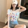 New Summer Pure and Chic Sweet Hot Girl Slim Short Navel Print Top Design Niche Short Sleeves