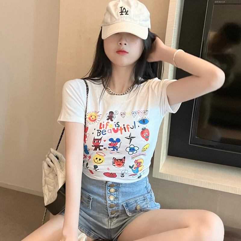 New Summer Pure and Chic Sweet Hot Girl Slim Short Navel Print Top Design Niche Short Sleeves