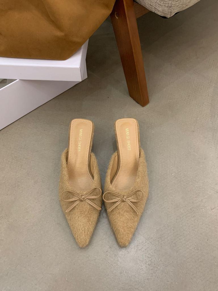 2025 Mao Mao High-heeled Slippers Women's Outerwear Bow Design Sense Lamb Wool French Wedge Heel Plush Bag Head Half Slippers