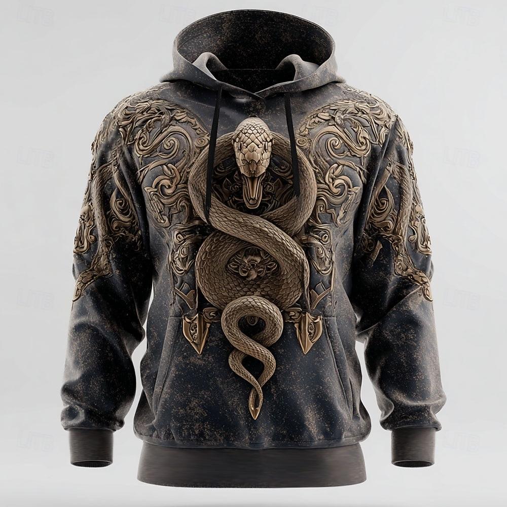 Men's 3D Snake Hoodie Sweatshirt Cool Party Crew Neck Club Streetwear Blue Green Drawstring Fall Winter Designer