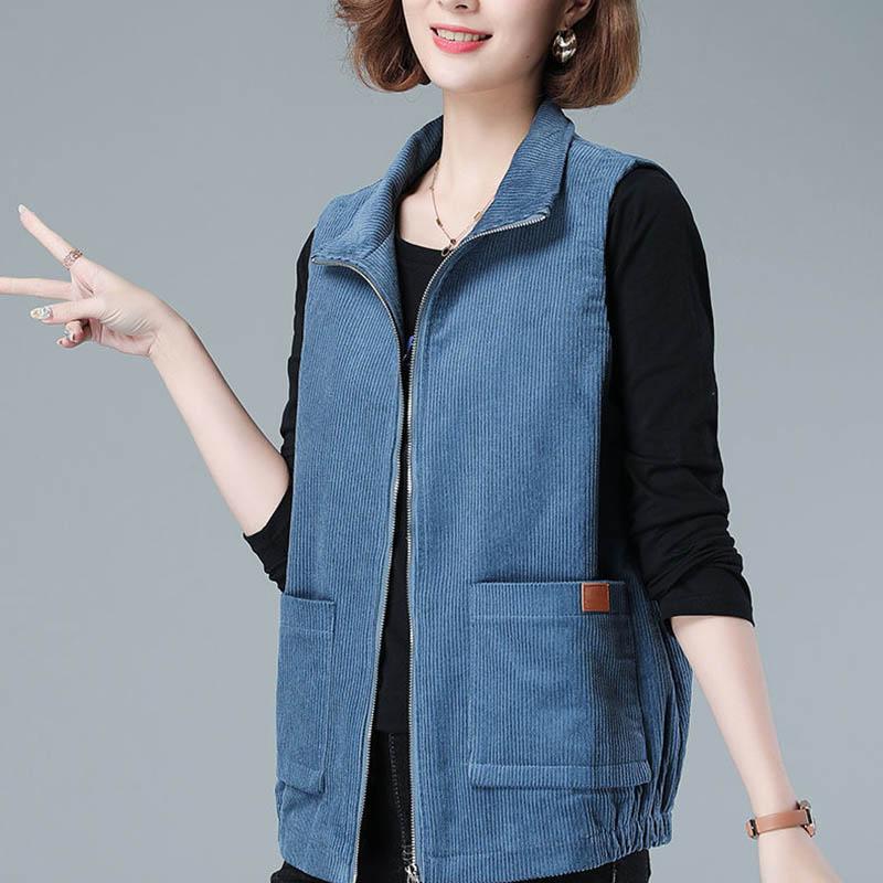Spring and Autumn Middle-aged Vest Female Mothers Wear Lapel Outer Wear Corduroy Vest Solid Color Sleeveless Jacket