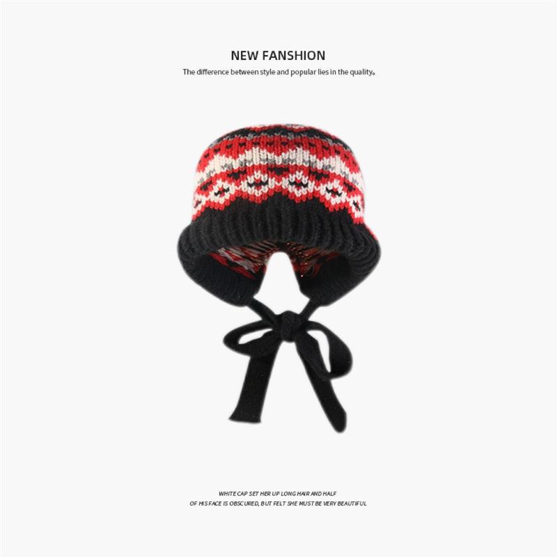 Autumn and winter warm wool hat, hand-woven hollow bald hat, women's fringed ear protector, sleeves, knitted hat