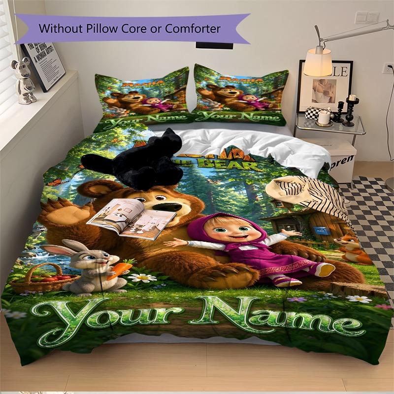 Masha Bear Forest Adventure Bedding Set Personalized Washable Custom 3Pcs Duvet Cover Pillowcases Soft Microfiber Home Bedroom Gift