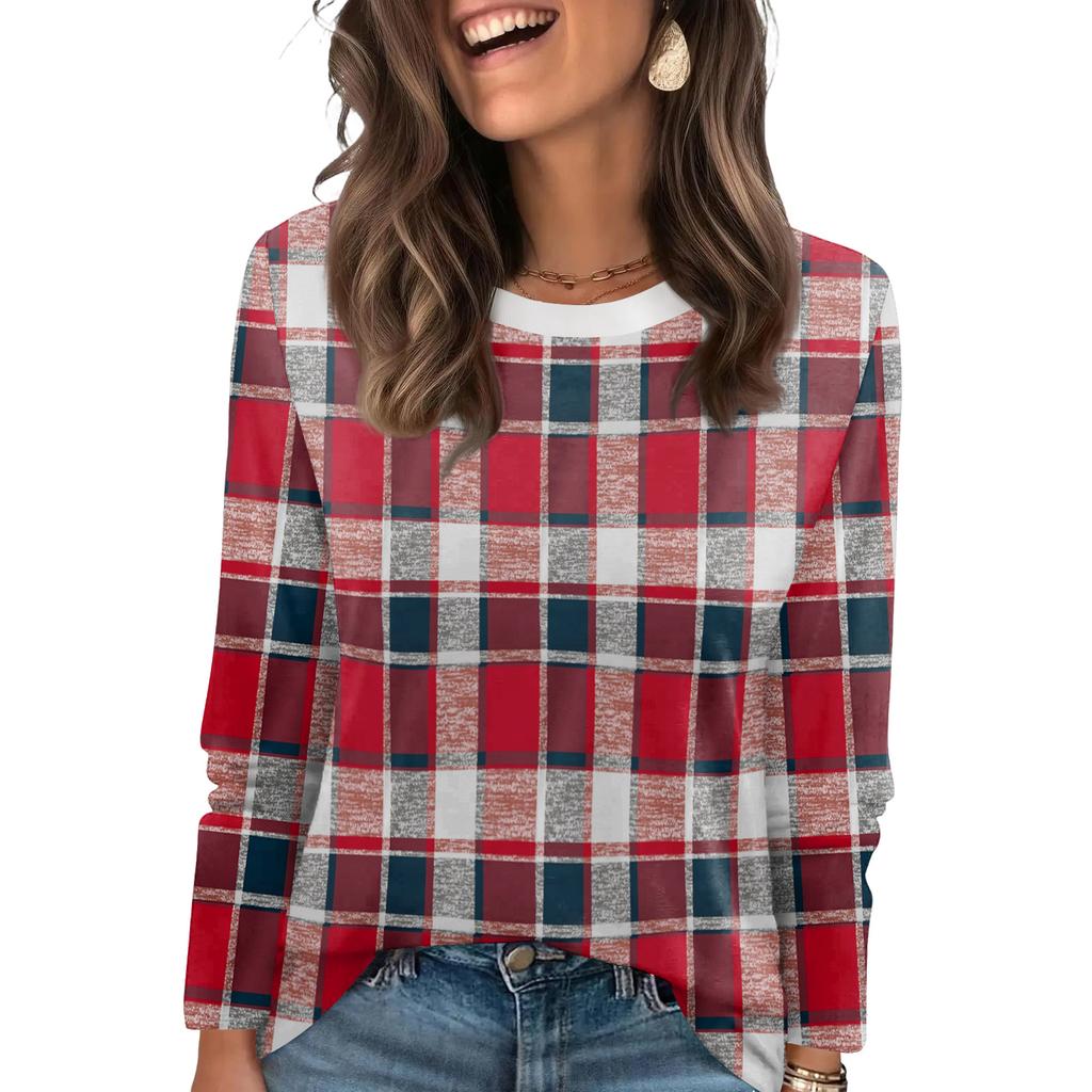 Ladies' Plaid Printed Fashionable Casual Round Neck Long Sleeved Round Neck Top