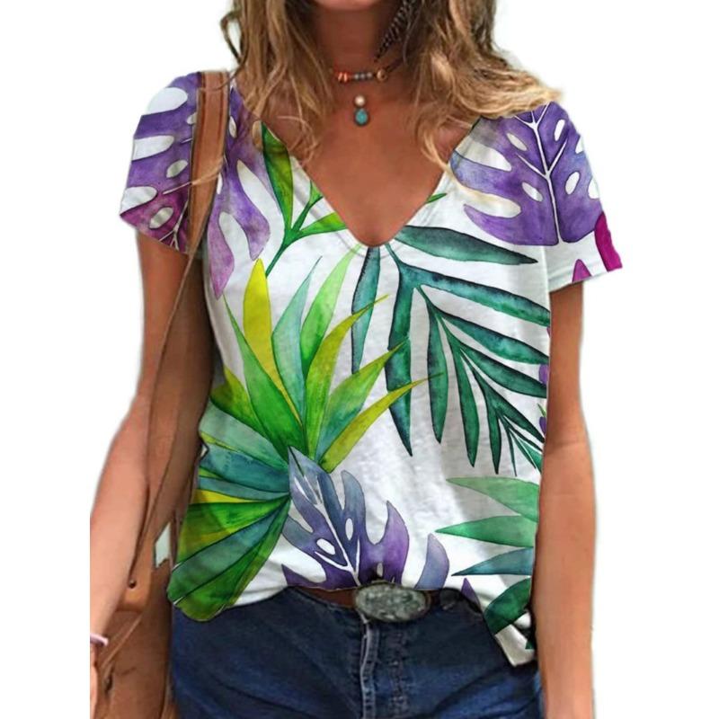 Summer V-neck 3D Mother's Day Alphabet Flower Printed Top Fashionable Casual Short Sleeved Women's T-shirts