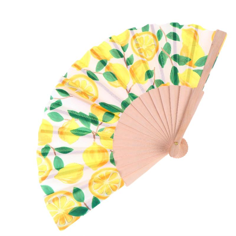 Lemon Print Folding Hand Fan Fruit Pattern Bamboo Fabric Handheld Fan For Summer Cooling Dance Performance Wedding Party Decor