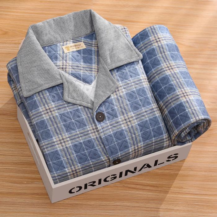 Men's Cotton Plaid Pajamas - Long-Sleeved Cardigan, Lapel, Plus Size, Perfect for Autumn and Winter.