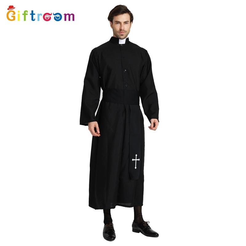 Halloween Costumes Drama Stage Costumes Men Noble Black Robe Priests Western Party Cosplay Costumes