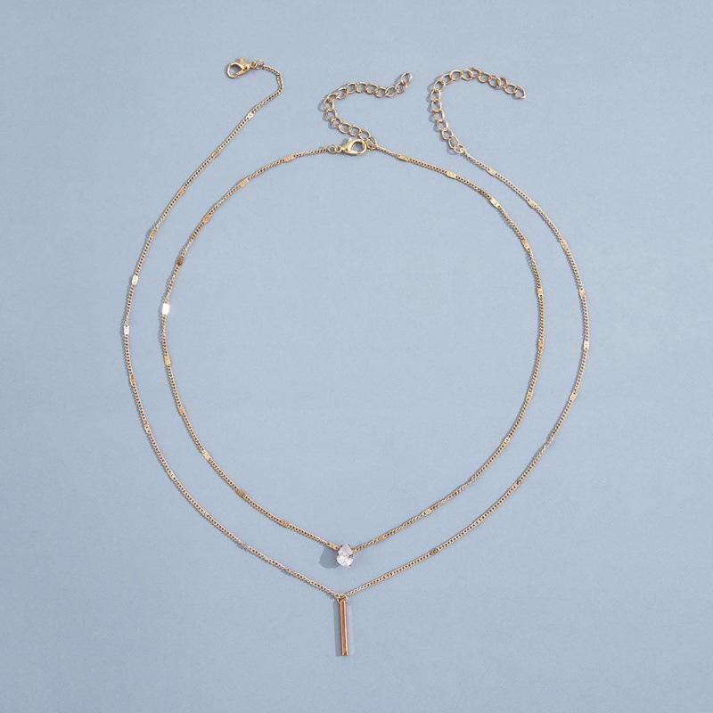 Teardrop Rhinestone Double-Layered Clavicle Necklace with Long Bar Pendant