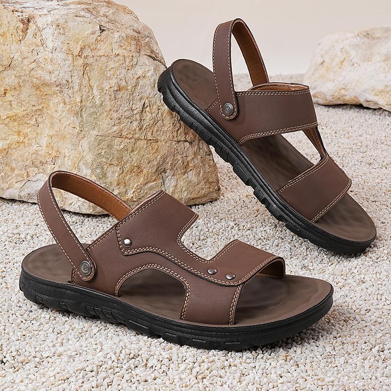 Men White Flats Sandals Summer Brown Wide Head Roman Sandals Retro Black Leather Beach Shoes Plus Size