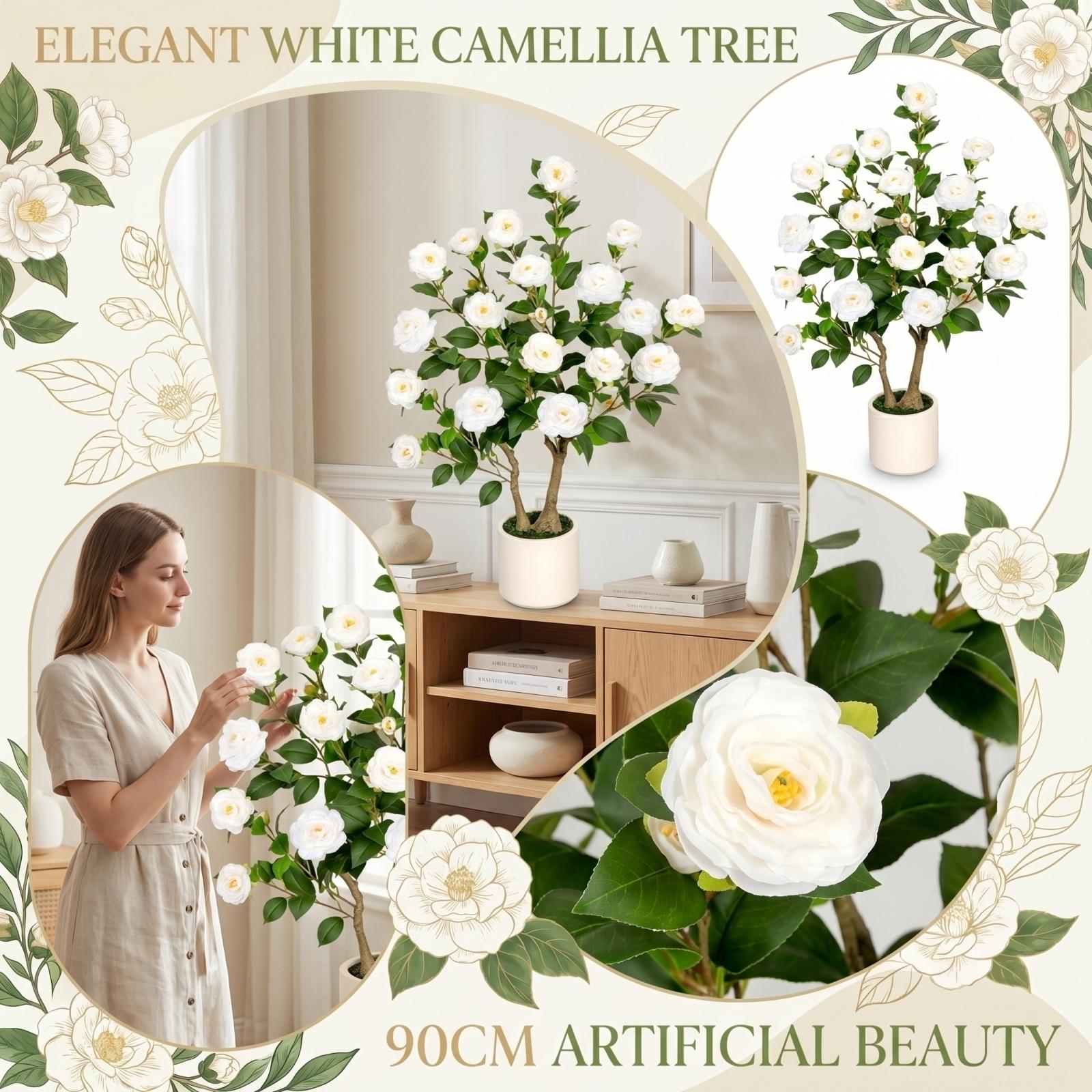 

3ft Artificial Camellia Tree, Tall Faux Camellia Plant With Flowers, UV Resistant Indoor Outdoor Fake Tree With Planter Pot One Size белый