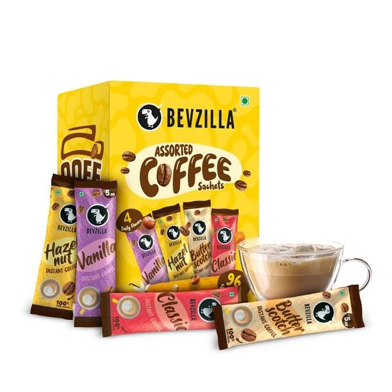 Bevzilla 96 Instant Coffee Powder Sachets(4 Flavours) - 192 Grams | Hazelnut, Classic, Vanilla & Butterscotch | 24 Pouches Each Flavour
