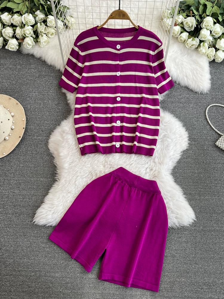 Summer Women Casual Knitted Sweater Pant Set Single Breasted Striped Tops and Shorts Chic Student Two Piece Suit