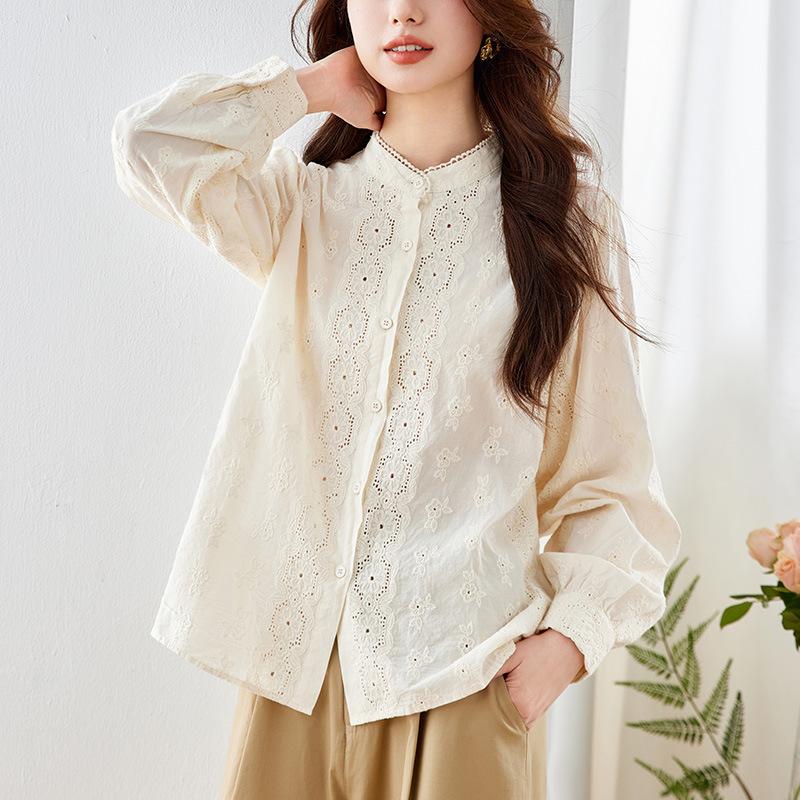 Apricot Embroidered Shirt for Women Long-sleeved Spring Stand Collar Top Temperament Lady Pure Cotton Embroidered Shirt