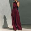 Womens 2026 Casual Solid Color Sleeveless High-Waist Straight Leg Pant Set Elegant Office Wear