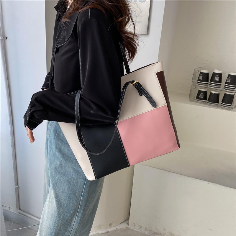 Korean Style Color Blocking Large Capacity Tote Bag Trendy Fashion Shoulder Handbag Casual Shopping Bag for Women CLE