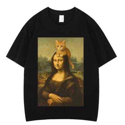 Katze Ahd Mona Lisa mit Katze Lustiges Meme T-Shirt Unisex Damen Kurzarm Baumwolle Harajuku T-Shirts Übergroß Ästhetisch Trendige T-Shirts