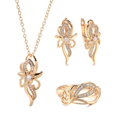 Luxury 3Pcs  Rose Gold Bridal Wedding Jewelry Sets Natural Zircon Flower Earring Necklace Ring Sets For Women Gift