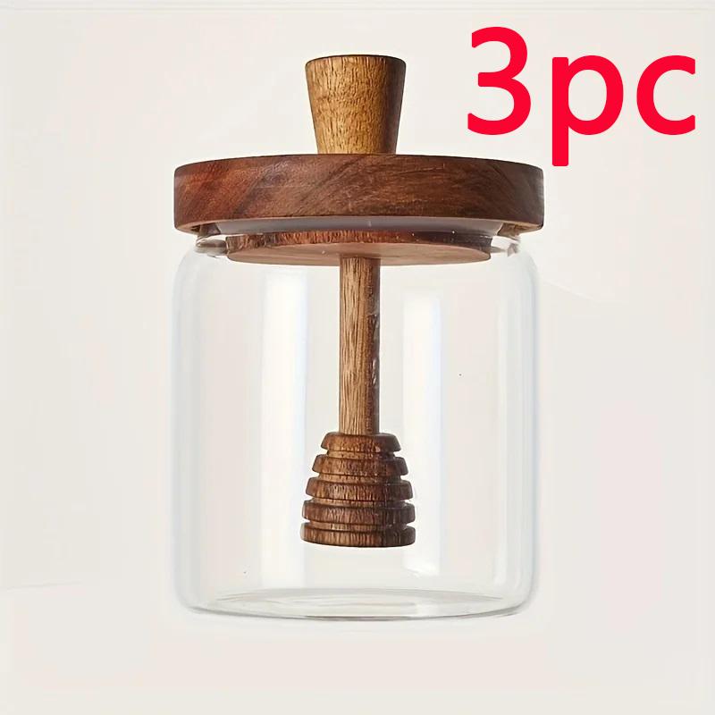 1/2/3 vnt. Stiklainis medui, Medaus indelis, Hermetiškas, Pažangus stiklinis sandarus indas, Maišymo lazdelė su mediniu dangteliu, Skaidrus buteliukas medui