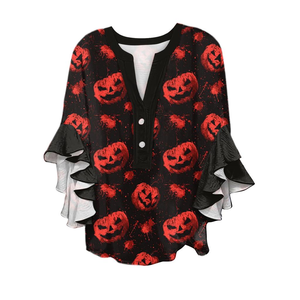 Women's V-neck Seven Quarter Sleeved Shirt Halloween Printed Top Casual Shirt
