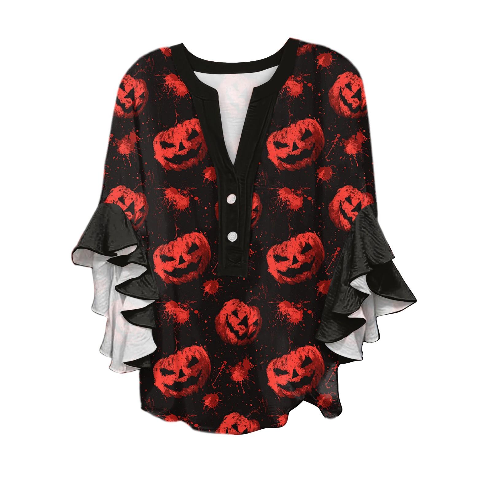 

Женская рубашка с V-образным вырезом и рукавами три четверти, топ с принтом на Хэллоуин, повседневная рубашка XL красный