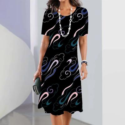 Europe and America Style Long Sundress Fashion Auspicious Clouds Printed Round Neck Short Sleeves Dress Vestidos One-piece Dress