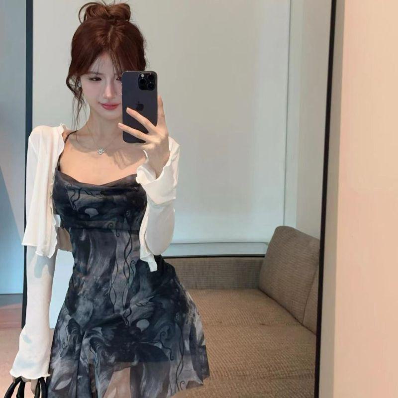 Spicy Girl Cross-Back Irregular Print Spaghetti Strap Dress - Women's Slimming Summer Short Skirt