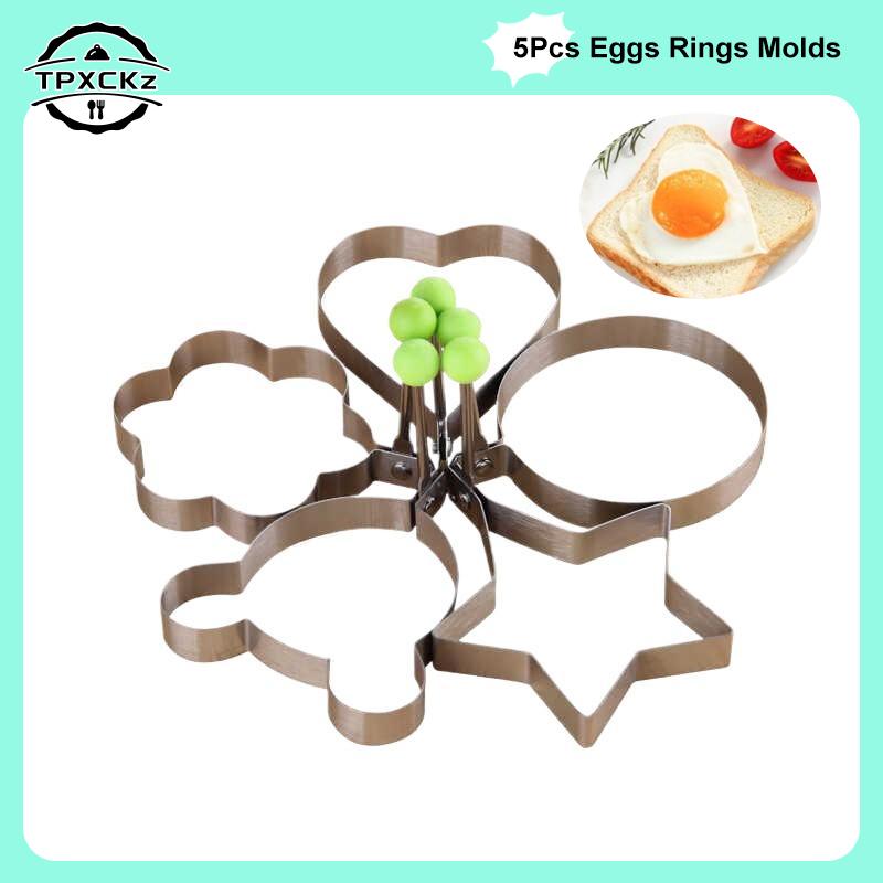 5Pcs Eggs Rings Mold With Handle Stainless Steel Round Non-stick Pancake Omelette Mold For Griddle Egg Shaper Home Kitchen Items