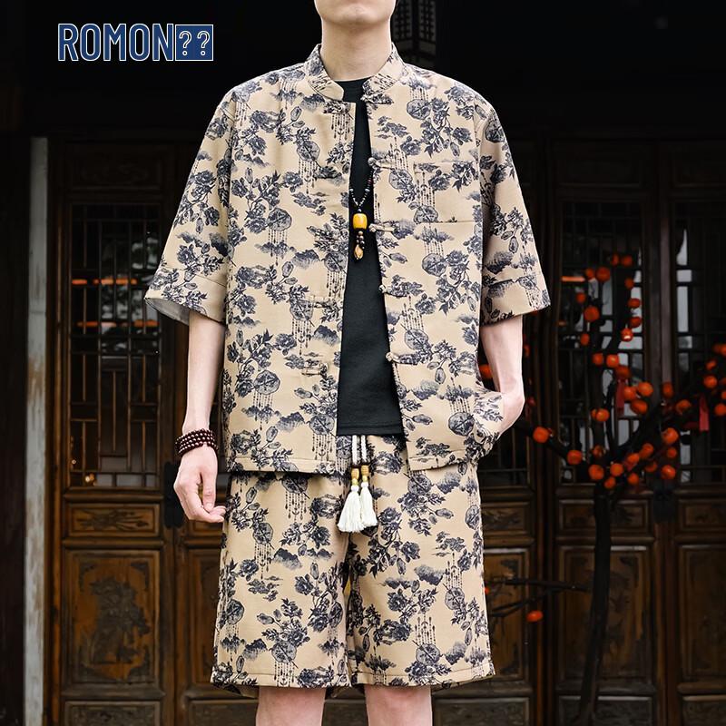 ROMON Men s Chinese Style Floral Linen Two-Piece Set XL