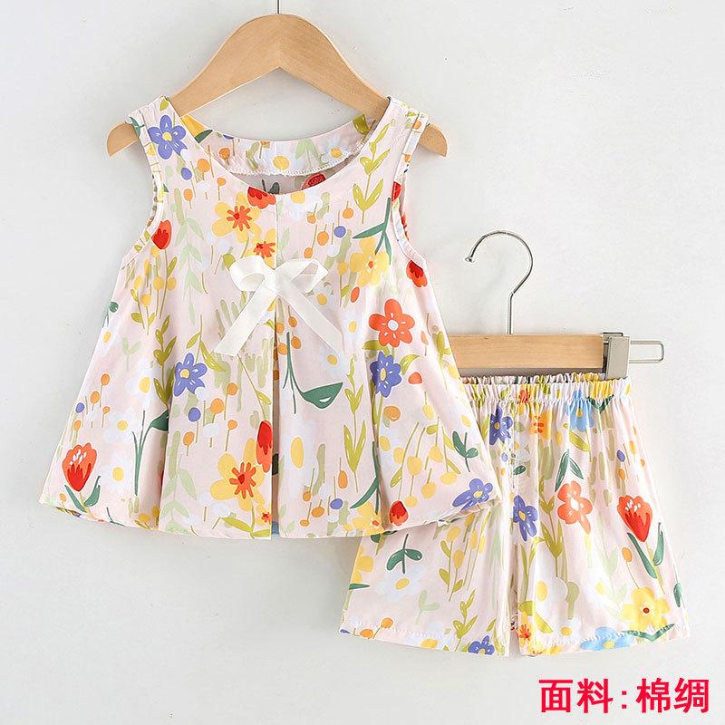 Girls Summer Floral Rayon Vest And Shorts Set Cute Baby Cotton Silk Home Wear Two Piece Outfit For Kids